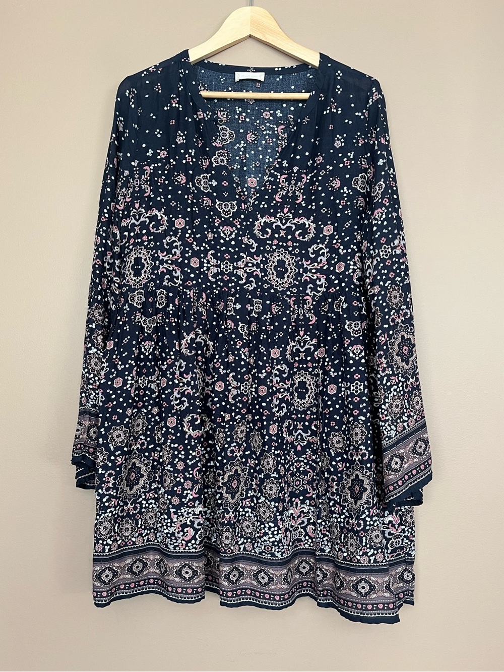 {Altar'd State} Long Flared Sleeve Boho Mini Dress - Womens Large